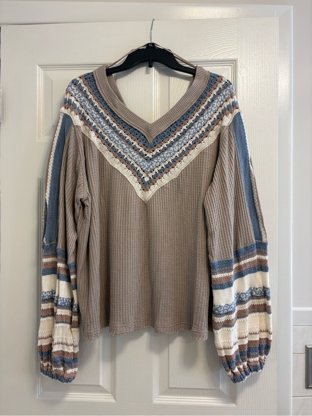 Free People oversized Taupe V-Neck Sweater with Blue & Cream Trim Medium
